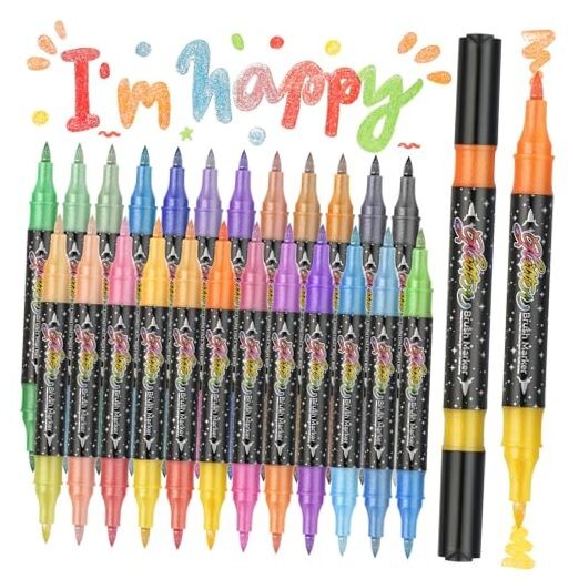 48 Colors Duo Glitter Effect Brush Markers, 24 Pack Water-based Ink Glitter