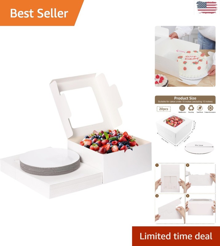 Durable 20 Pack Cake Boxes with Clear Window & Cake Boards – Perfect for Events