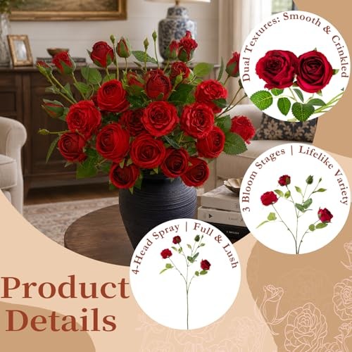 8 Pcs Roses Artificial Flowers 23.6" Silk Rose Bouquets Faux Flower Stems Red gallery