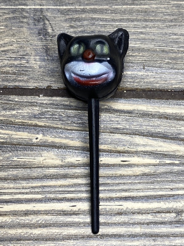 Vintage Cake Cupcake Decor Pick Black Cat Red Nose Smile 3”