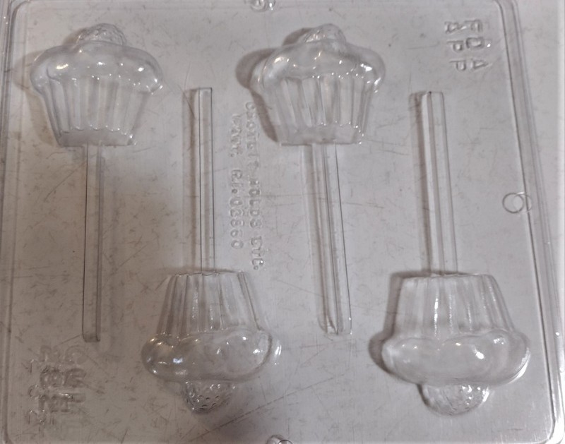 Cupcake w/ Strawberry Dessert on Top Lollipop Chocolate Candy Mold, (3 pc)