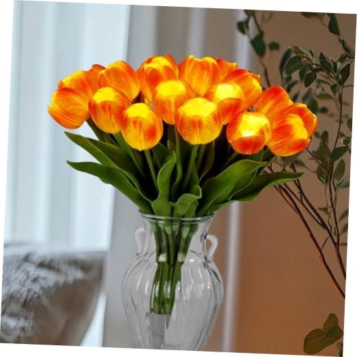 20 Stems LED Lighted Artificial Flowers Tulip Lamp Real Touch Tulips Orange gallery