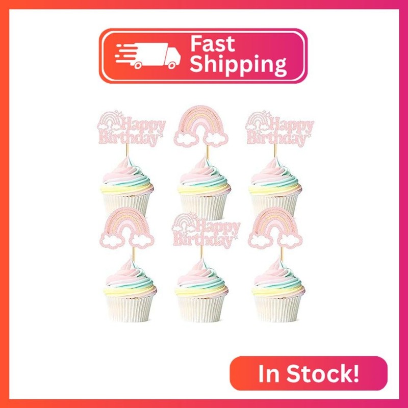 Ercadio 24 Pack Happy Birthday Cupcake Toppers Rose Gold Boho Rainbow Cake Toppe