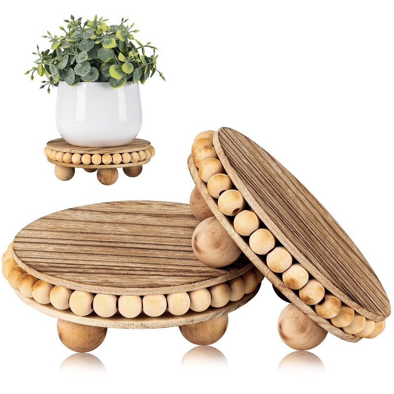 2Pcs Wood Risers for Display Decorative,Round Beaded Distressed