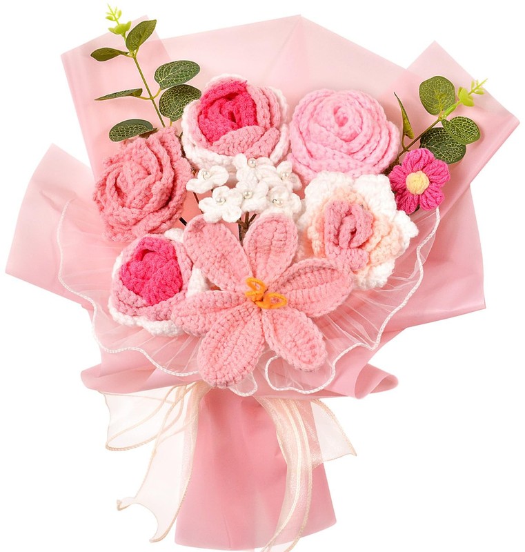 Hlenbin Crochet Flowers Bouquet Crochet Rose Tulip Knitted Flower For Mothers