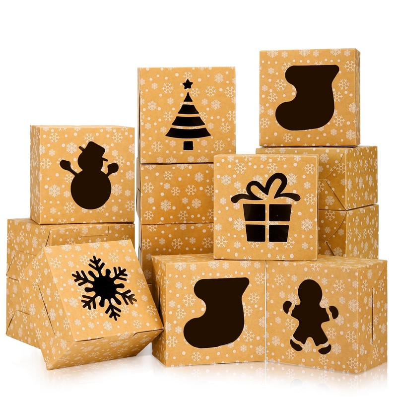 24PCS 6x6x3-in Brown Christmas Cookie Boxes, Window, Small Bakery Treat Boxes