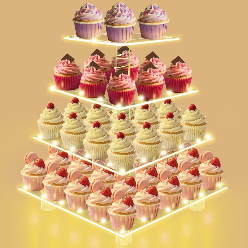 Cupcake Stand with Lights, 4 Tier Acrylic Cupcake Tower with Yellow LED Strin…