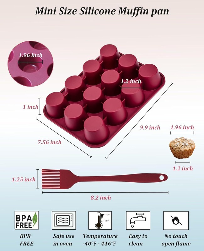Silicone Mini Muffin Pan, 12-Cup Cupcake Pan with Dark Red gallery