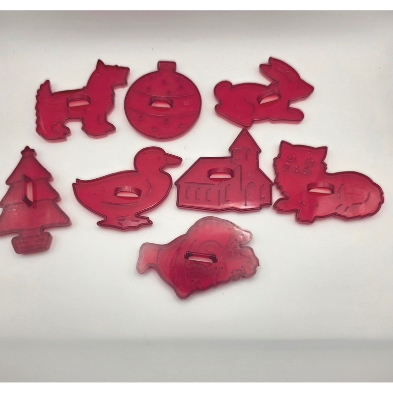 Vintage Red Plastic Cookie Cutters Set of 8 Christmas Holiday Animals