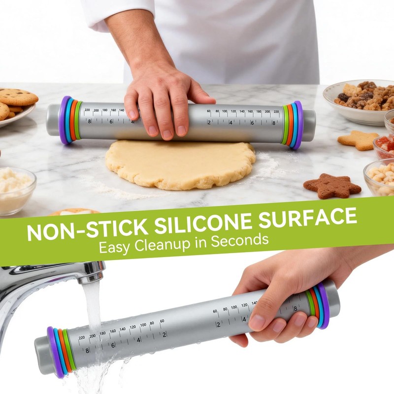 9Inch Adjustable Rolling Pin With 4 Thickness Rings For Baking Pastry Gray gallery