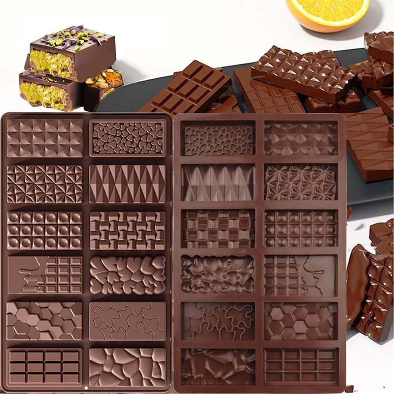 2Pcs Chocolate Bar Mold，12 Cavities Non-Stick Chocolate for Stuffed Pistachio Ba
