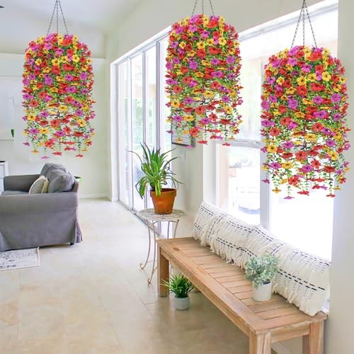 Artificial Hanging Flowers Plants Basket for Outdoors 2 Purple&yellow&red gallery