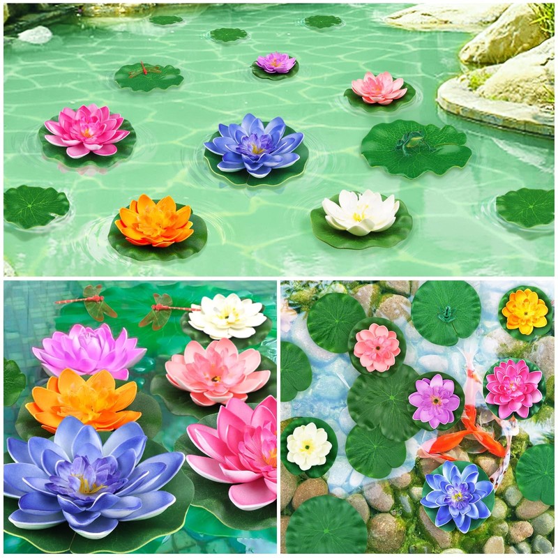 QUOZUO 22 Pack Artificial Floating Foam Lotus Flowers with Colorful gallery