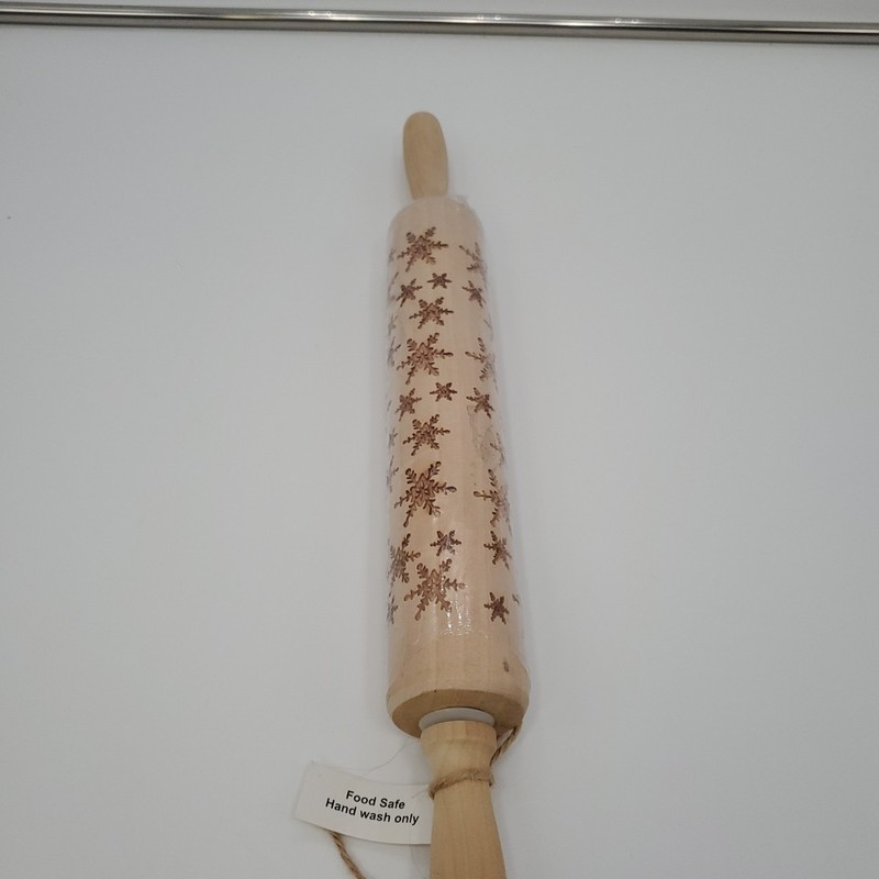 Christmas Rolling Pin Wood Carved Snowflakes 17" Cookie Dough Holiday Baking gallery