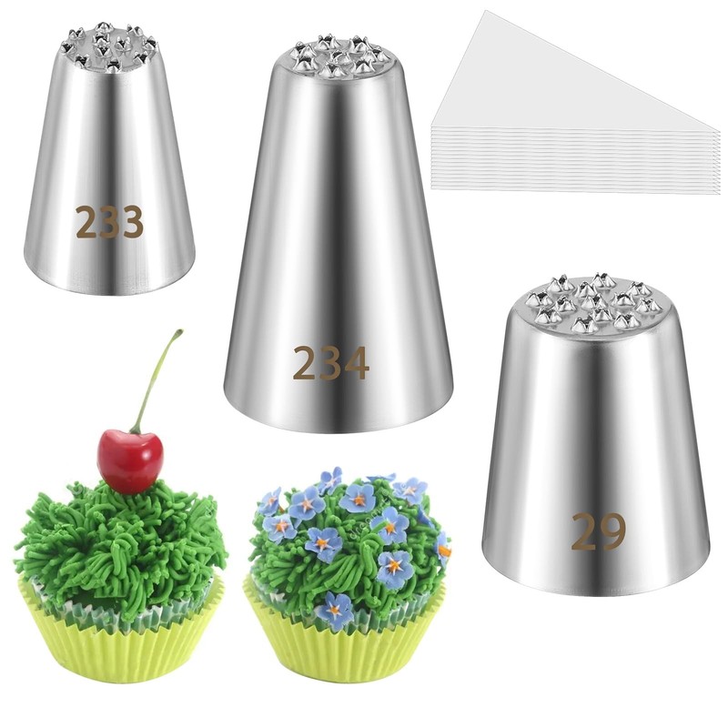 3 PCS Grass Icing Piping Tips and 10 Bags Set, Frosting normal, Silver