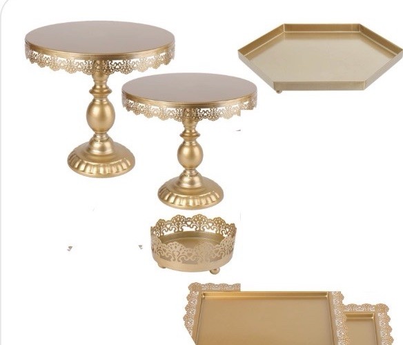 Gold Metal Round Cake Stand & Tray Set, Floral Lace Edge, 1-Tier, 6 in
