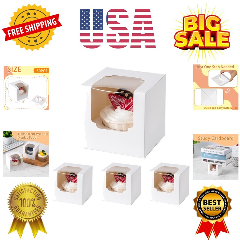 50 Pack Individual Cupcake Containers, Cupcake Boxes with Window, Food Grade ...