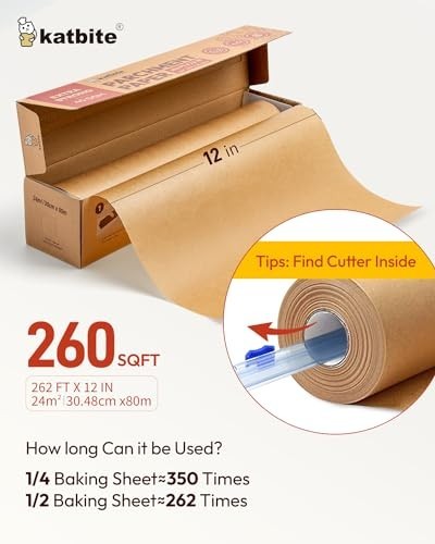 Heavy Duty Unbleached Parchment Paper Roll 12"x262ft, Non-Stick Baking & Cooking gallery