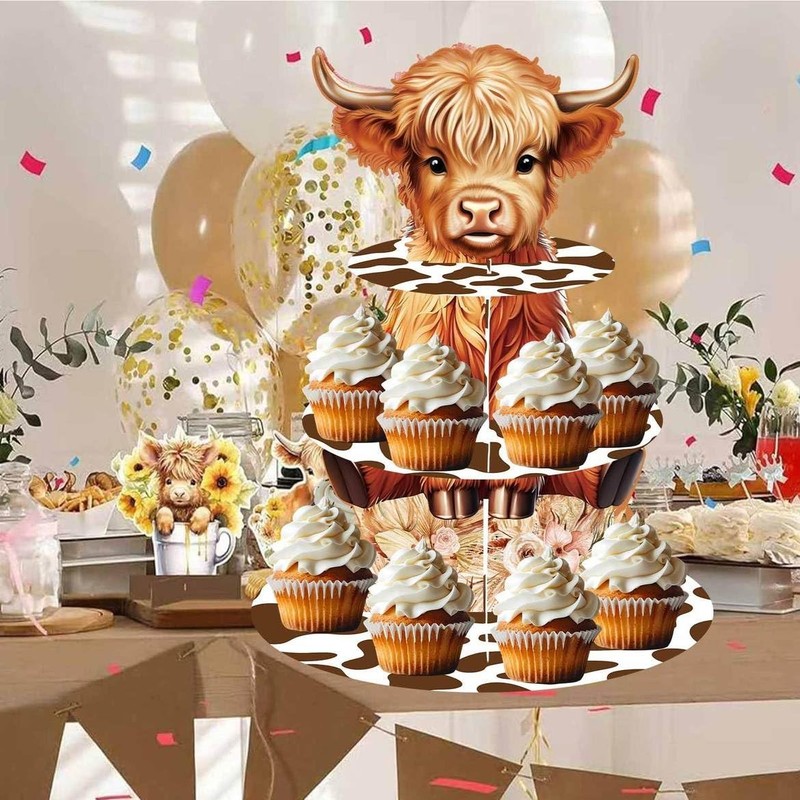 Highland Cow Cupcake Stand - 3 Tiered Dessert Cake Table Display for Boy or G... gallery