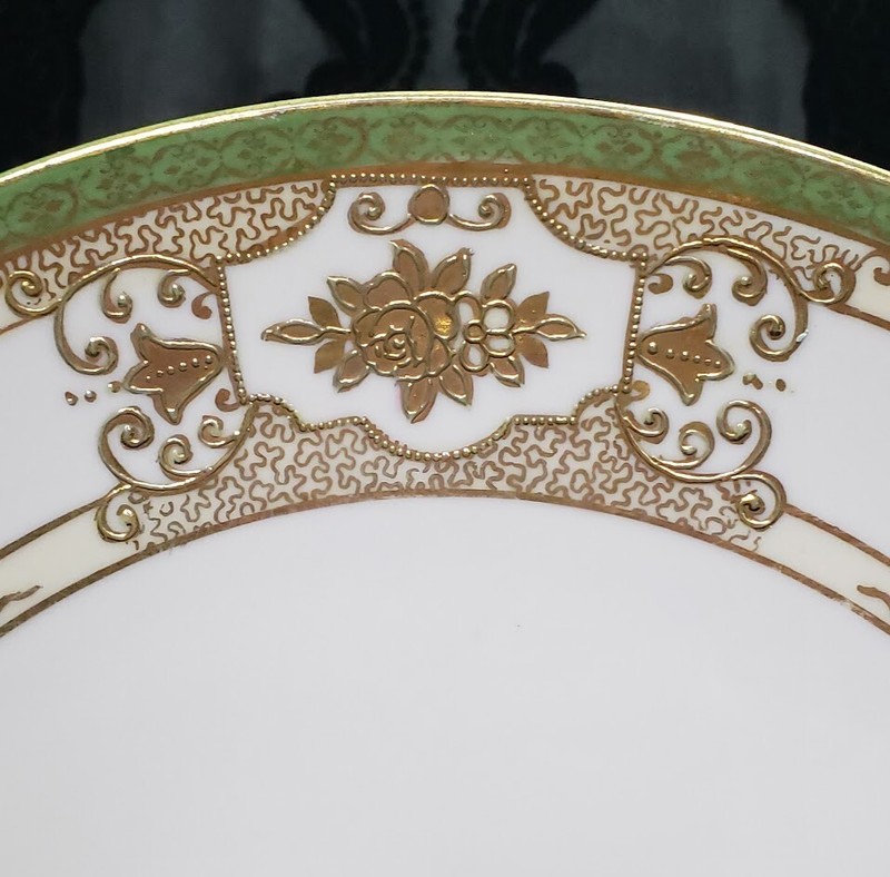 Noritake Japan Vintage Handled Cake Plate Serving Dish Green Rim Gold Accent 11" gallery