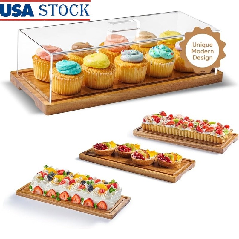 Wooden Cake Stand W/ Lid Acacia Dessert Tray Space Saving Serving Platter New