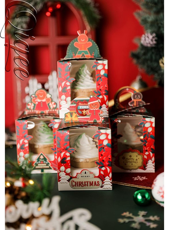 25 PCS Christmas Individual Cupcake Boxes Window 3.7x3.7x4.5 Inch Treat Box gallery