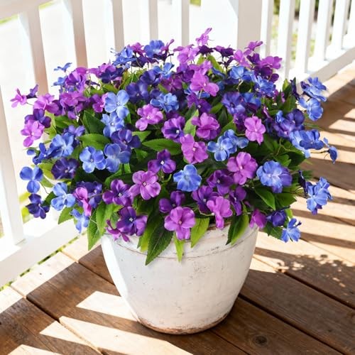 Artificial Fake Flowers for Outdoor, 6 Bundles Double Purple,dark&light Blue gallery