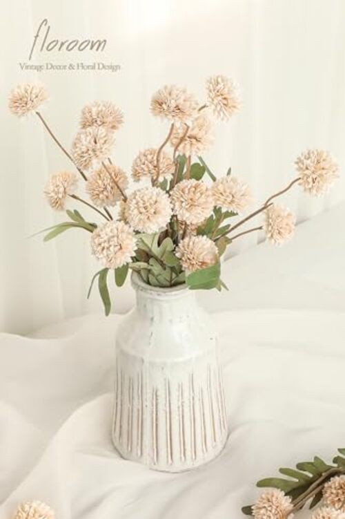 Floroom Faux Silk Mums Artificial Flowers, Bulk Fake Small Mini 5pcs Beige gallery