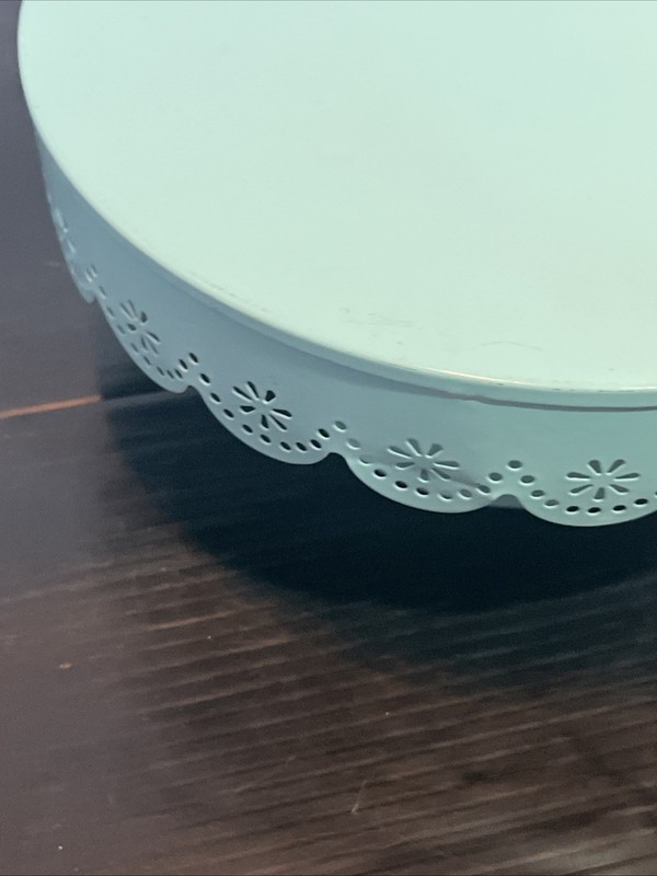 Aqua Blue Metal Cake Stand Pedestal Dessert Display Scalloped Edge VG gallery