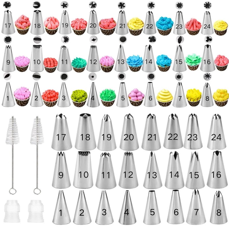28Pcs Piping Tips Set, Stainless Steel Frosting Tips with 24 Piping Tips, 2 C...