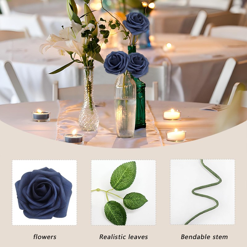 WANTMAZOR 100pc Navy Blue Artificial Foam Roses Fake Flowers Real Looking gallery