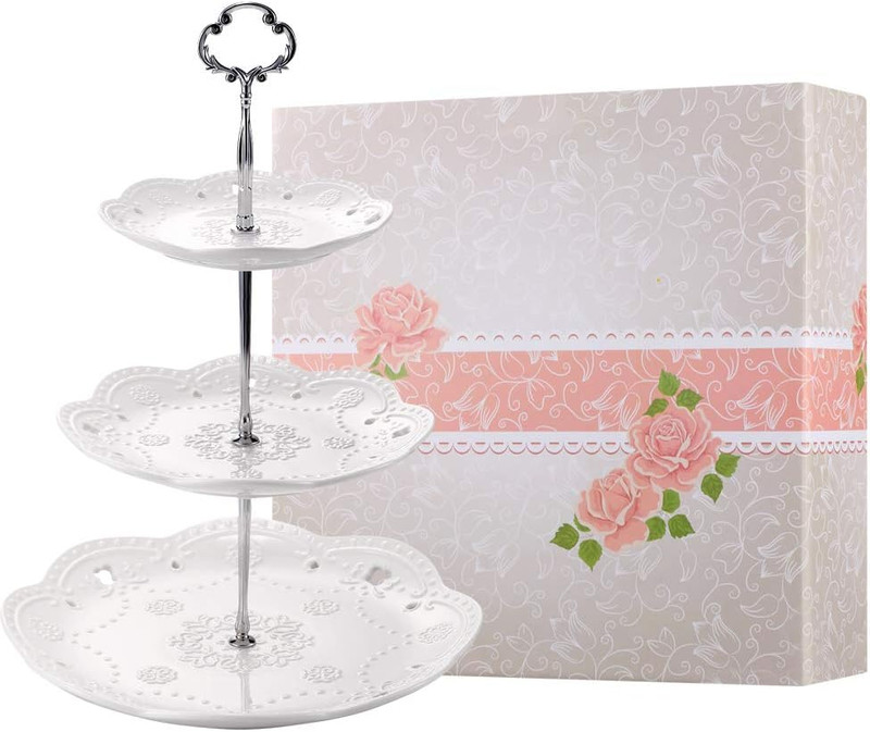 3-Tier Porcelain Cupcake Stand Serving Tray - White Embossed Elegant Dessert Cak gallery