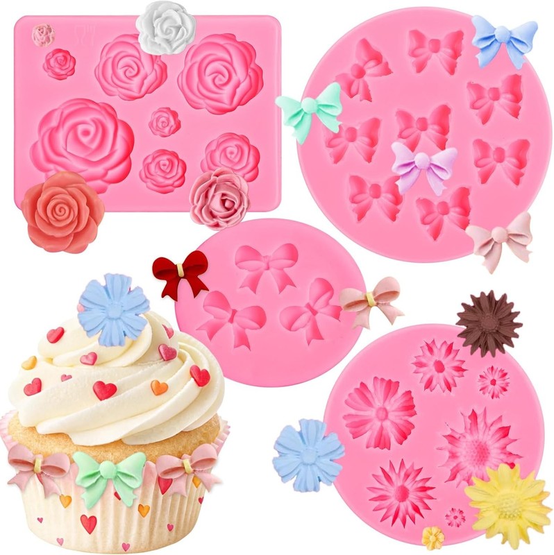 4 Pcs Flower&Bow Molds Chocolate Bow Chocolate Molds Silicone Cake Pop Mold