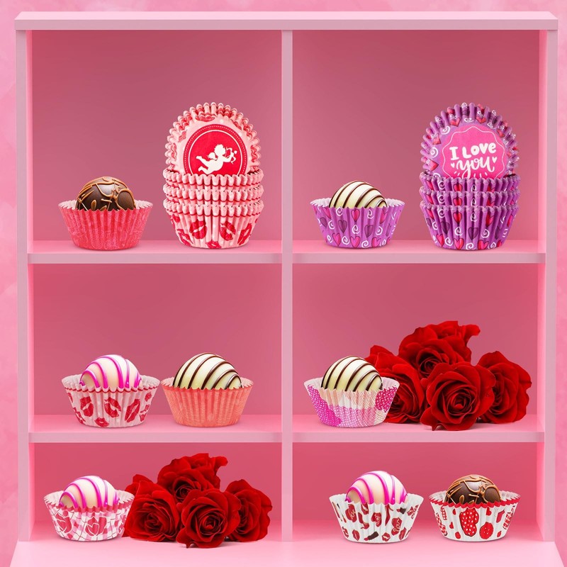 800 PCS Valentines Day Mini Cupcake Liners Pink Red 8 Style Baking Wrapper gallery
