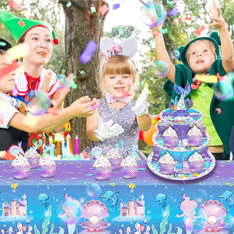 Mermaid Cake Stand Dessert Table Display Set Serving Tray 3-Tier Cardboard Cupca