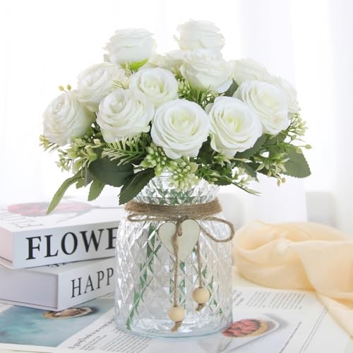 Fake Flowers in Vase,Fake Flowers with Vase 18 Pcs Faux Rose White Rose