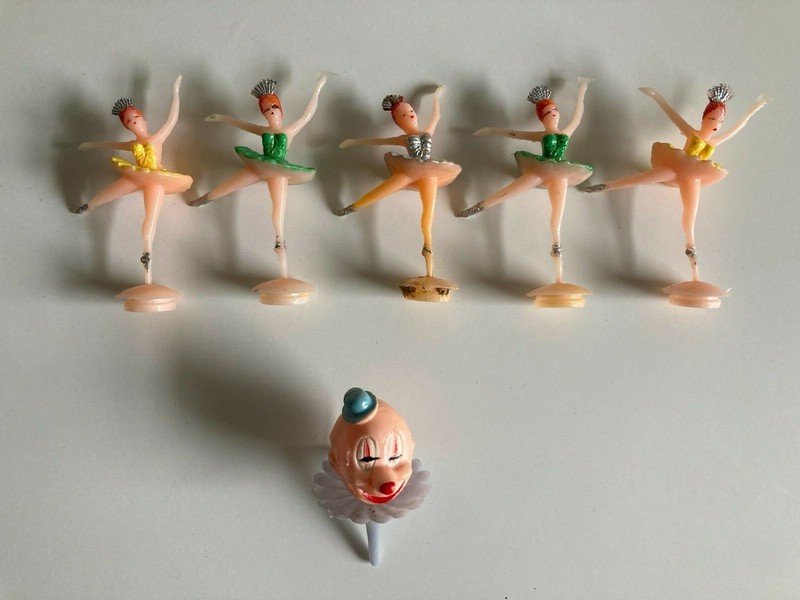 Five (5) Vintage Ballerina Cake or Cupcake Toppers, Plus One Clown Head