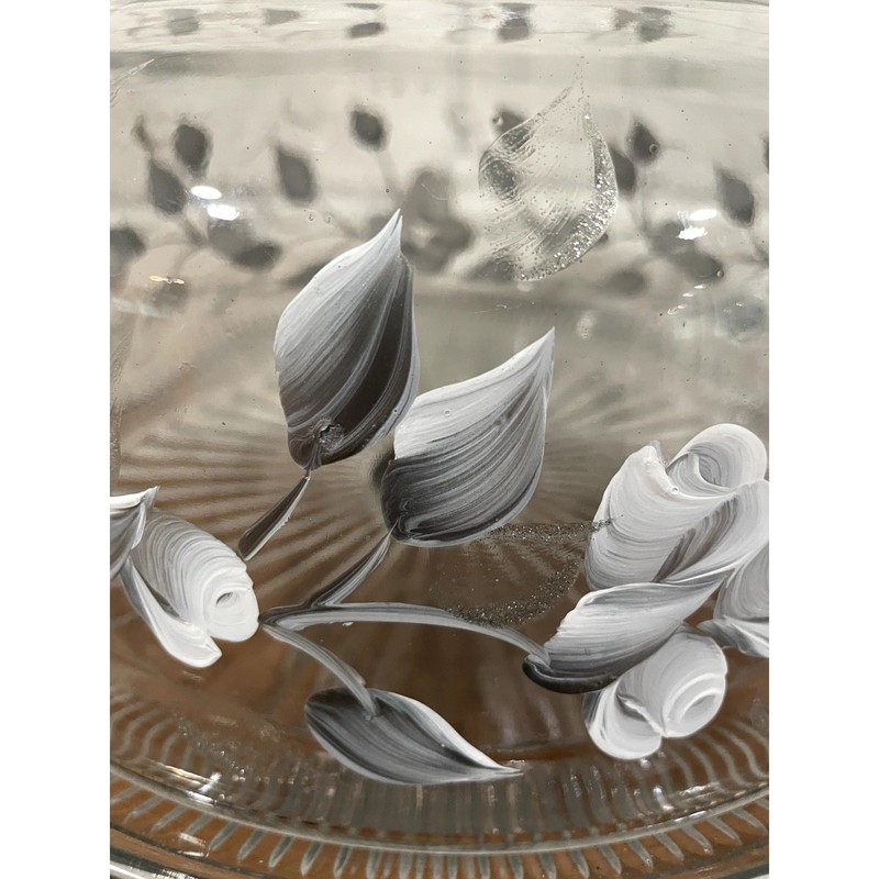 Glass Pedestal Cake Stand w Dome Lid Hand Painted Gray White Roses gallery