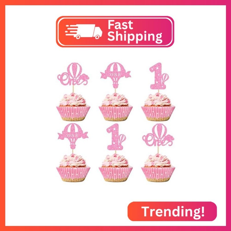 Ercadio 24 Pack Hot Air Balloon One Cupcake Toppers Pink Glitter Balloon One Cup