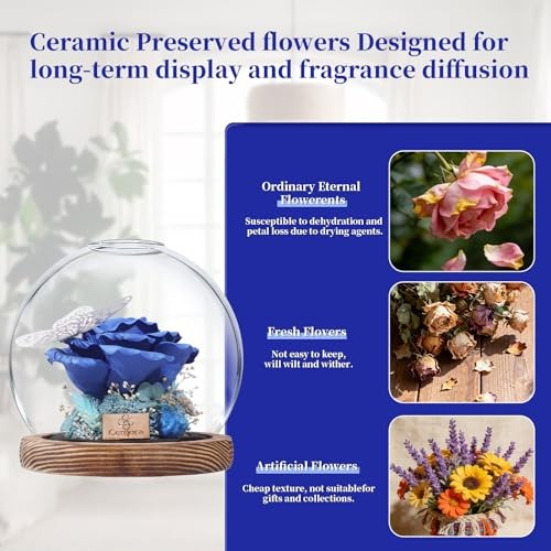 Ceramic Preserved Rose in Glass Dome, Handmade Eternal Ceramic Flower Blue gallery
