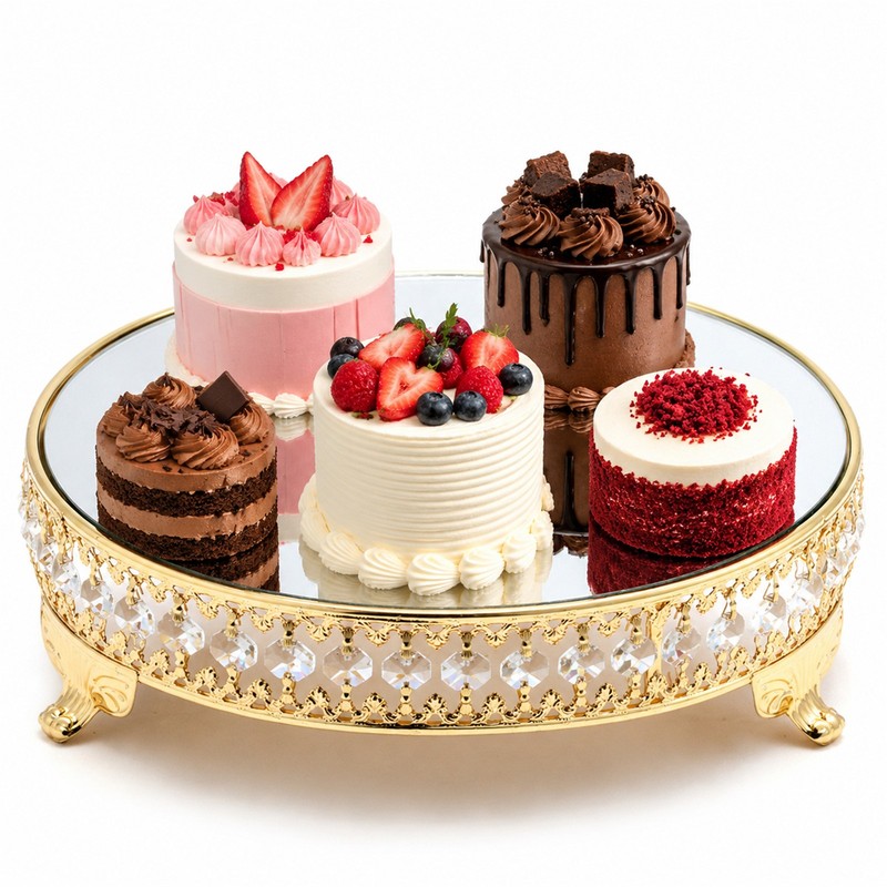 18in Round Mirror Cake Stand Crystal Metal Dessert Display Tray Gold Silver gallery