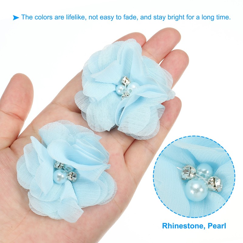 10Pcs 2" Chiffon Flowers with Rhinestone Pearl Appliques Embellishments Blue gallery