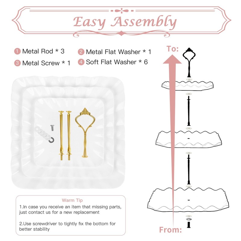 Elegant 3 Tier Cupcake Stand with White Plates and Gold Metal Rods gallery