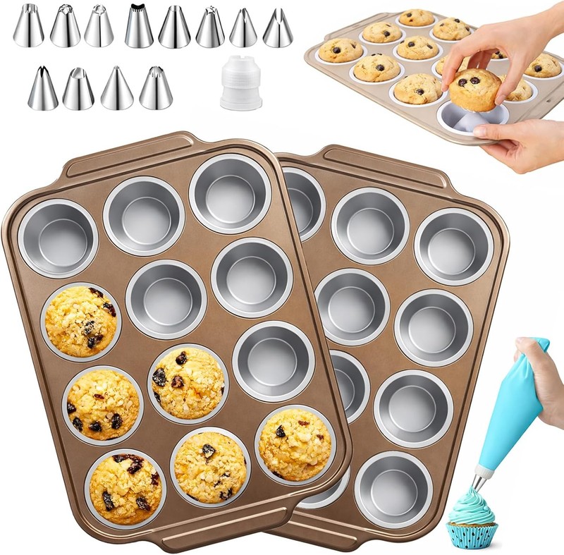 2Pack Silicone Muffin Pans with Steel Frame, 12-Cup Nonstick Bakeware, Reusable