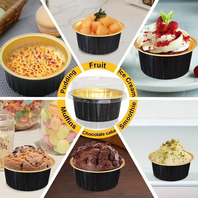 200 Pcs Black Gold 5 OZ Aluminum Foil Baking Cups with Lids 5 round Disposable B gallery