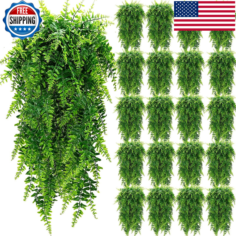 Geosar 20 Pcs Artificial Hanging Plants 32 Inch Hanging Boston Ferns Plastic
