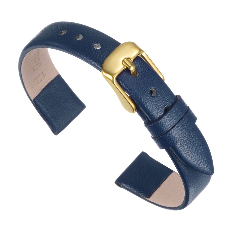 Genuine Dark Blue Leather Strap 12mm Width, with Gold Tone Buckle