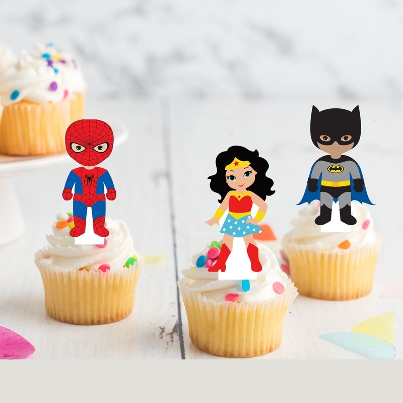 Superhero Spiderman Batman Pre-cut Edible Stand-Up Wafer Card Cupcake Toppers