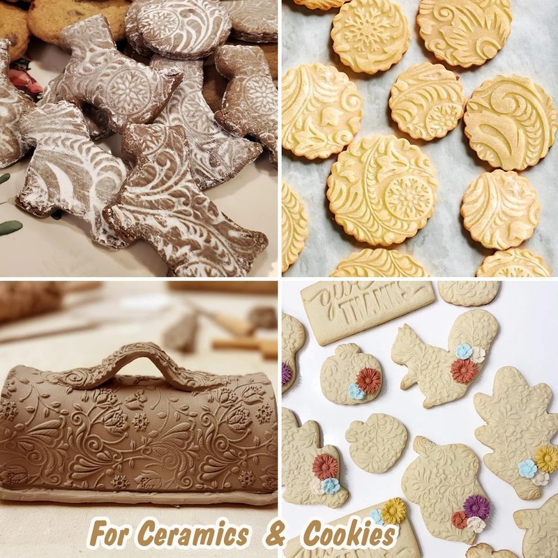 Embossed Rolling Pin Wooden Cookie Dough Roller Flower Snowflake Paisley gallery