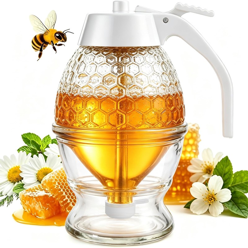 Honey Dispenser No Drip, Glass Honey Container with Stand, 8 oz